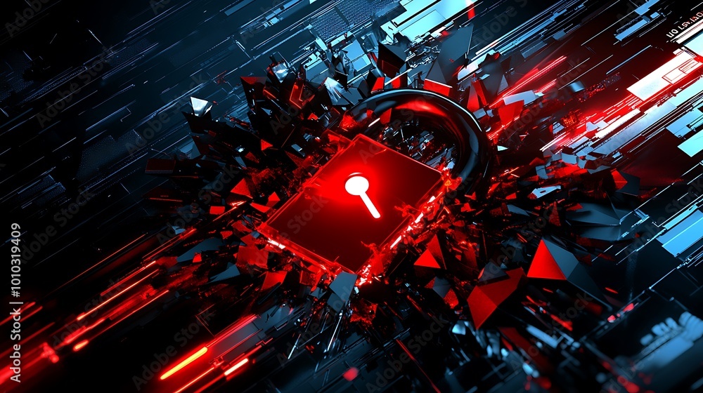Poster A glowing red padlock with a keyhole surrounded by sharp geometric shapes and streaks of light, representing digital security and data protection.