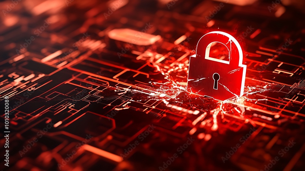 Poster a red padlock with cracks on a circuit board, symbolizing a breached or compromised security system.