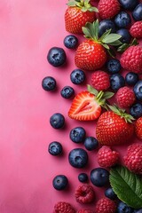 Obraz premium Flat Lay of Vibrant Strawberries, Blueberries, and Raspberries on Pink Background – High-Angle View with Copy Space for Text or Logo 