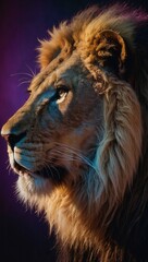 Fototapeta premium Close-up portrait of lion's face and mane, no people depicted in the image