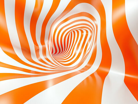 Torus 3D optical illusion raster illustration. Hypnotic white and orange tube image. Contrast twisting loops, stripes ornament. Endless effect psychedelic pattern
