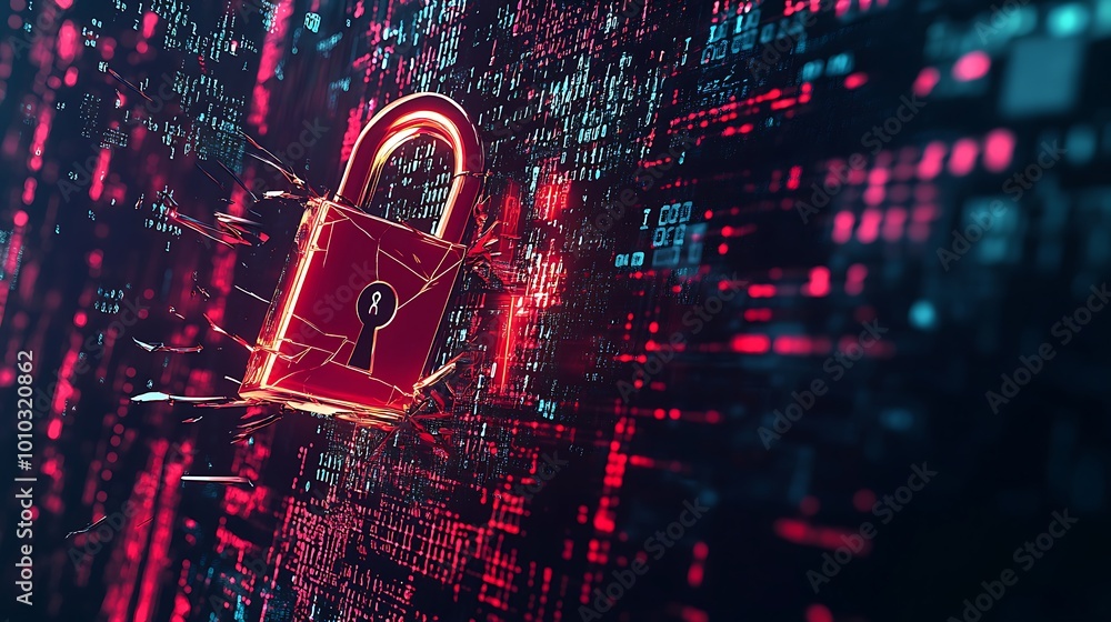 Poster a glowing red padlock with a keyhole is cracked and breaking apart. the padlock sits on a digital ba