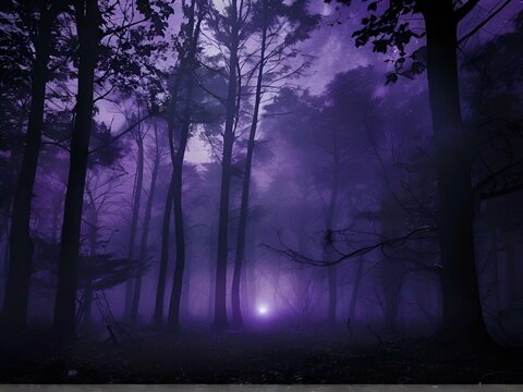 A mystical purple forest with tall trees surrounding a glowing light at its center, creating an enchanting atmosphere.