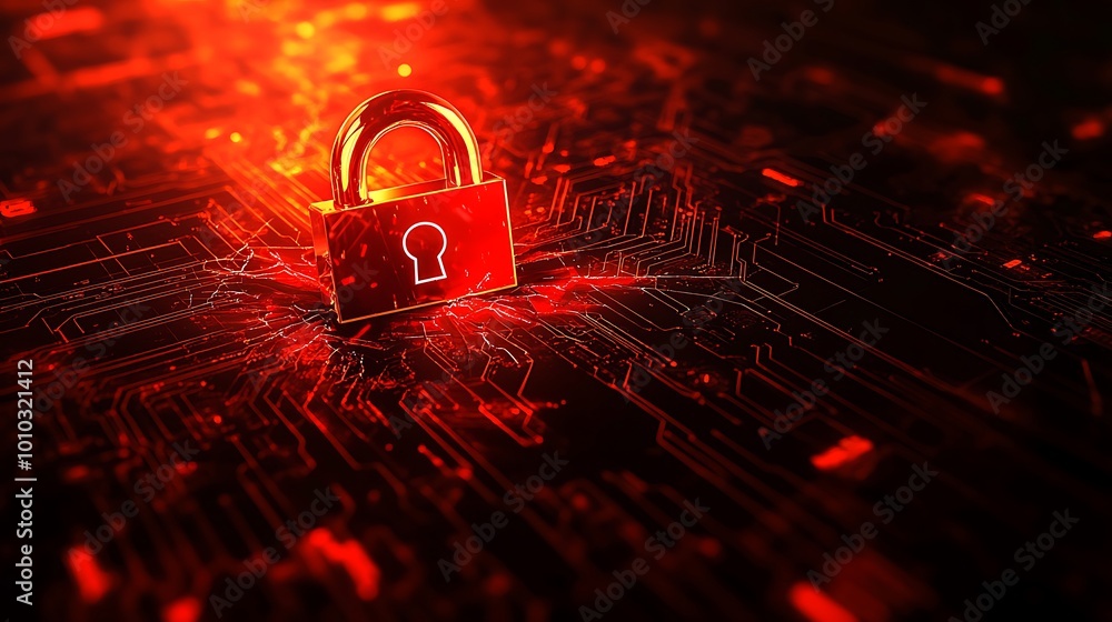 Poster A glowing red padlock sits on a circuit board, symbolizing data security and protection in the digital world.