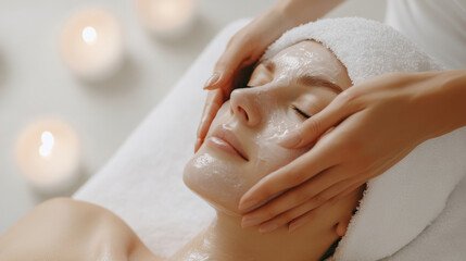 spa therapist gently applies soothing facial treatment to relaxed woman, surrounded by calming candles. serene atmosphere enhances rejuvenating experience