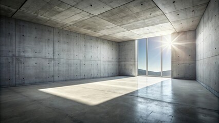 Abstract modern concrete room with sunlight, recessed wall, and rough floor , industrial, empty, minimalist