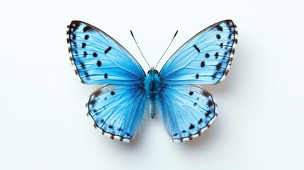A blue butterfly with black spots and white edges on its wings, isolated on a white background.
