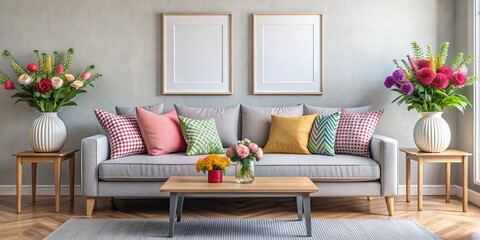 Naklejka premium Sofá elegante con cojines llamativos y flores frescas, creando un ambiente alegre y acogedor. Marco de póster como maqueta.