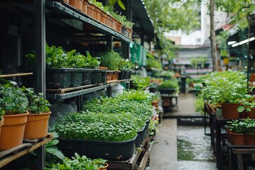 Fototapeta premium Urban farm market stall selling fresh produce. Customers are picking out vegetables and fruits