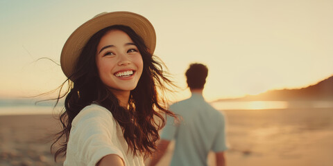 A woman in a hat holding a hand leads someone along a sunlit beach, her smile radiant against the golden hour sky.