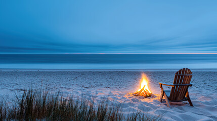 A serene beach scene at dusk with a warm campfire beside an empty wooden chair, set against a vast, tranquil ocean under a deep blue sky.