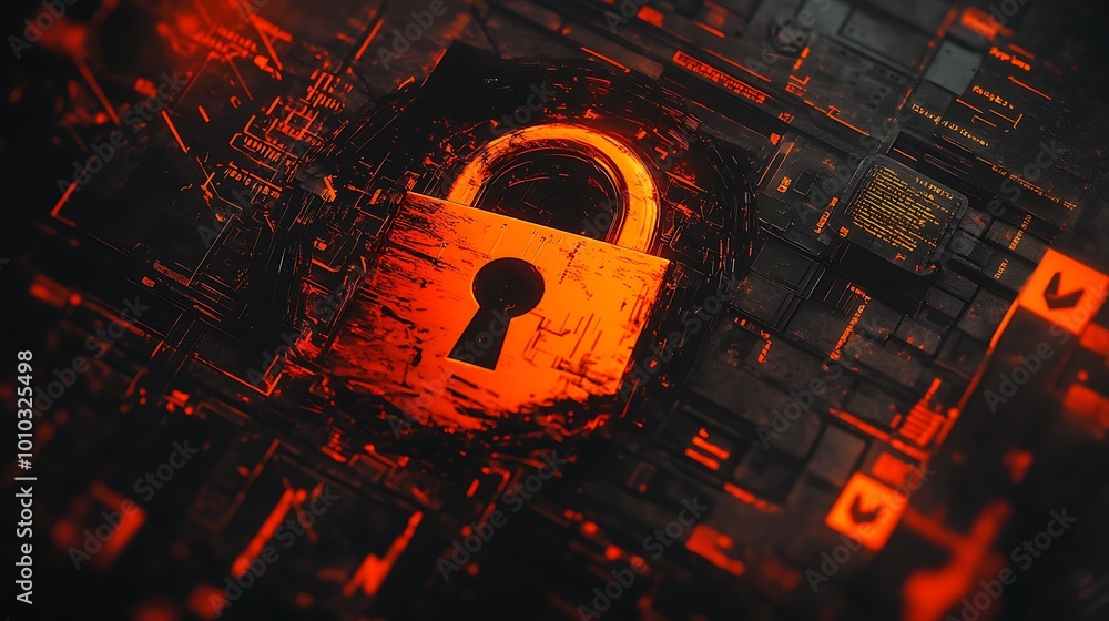 Poster A glowing padlock sits on a digital circuit board, representing cybersecurity and data protection.
