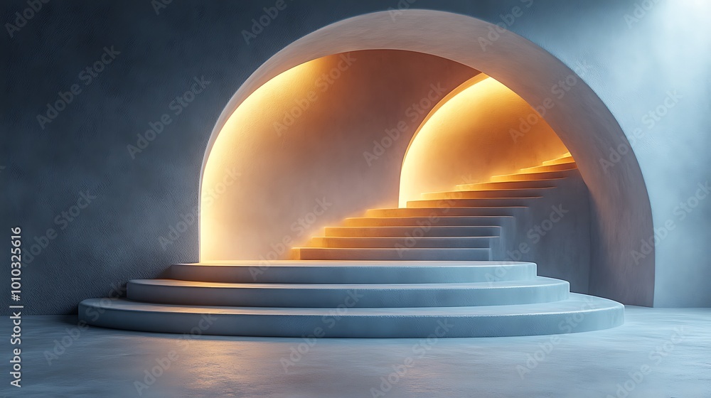 Poster abstract minimal concrete room with circular steps and glowing archways.