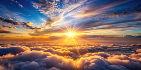 Obraz premium Above clouds fly during sunset as sun rays shine through, creating a magical and dreamy atmosphere, above, clouds, fly