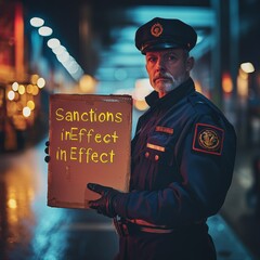 Obraz premium Security Officer Holding Sign Sanctions in Effect Protest Demonstration
