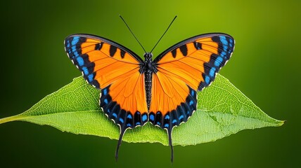 Fototapeta premium A vibrant orange and black butterfly perched on a green leaf, set against a soft green background, showcasing nature's beauty and intricate details.