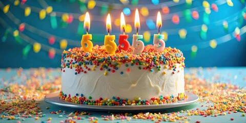 65th birthday cake with lit candles surrounded by colorful sprinkles, birthday, cake, candles, celebration, 65th, milestone, party