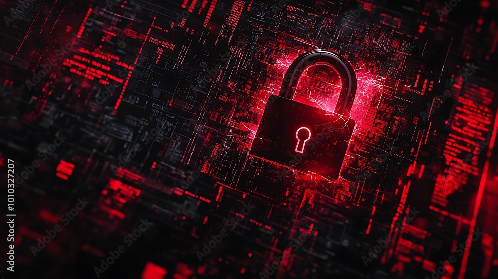 Poster a glowing padlock on a red digital background, symbolizing cybersecurity and data protection.