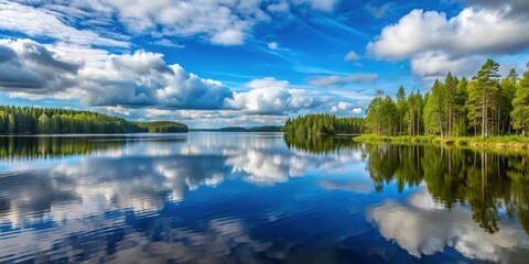 Fototapeta premium Tranquil lake in Karelia with cloudy blue sky and surrounding forest, Quiet, smooth, beautiful, lake, Karelia, cloudy