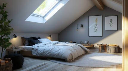 Minimalist attic bedroom with sloped ceilings and skylights