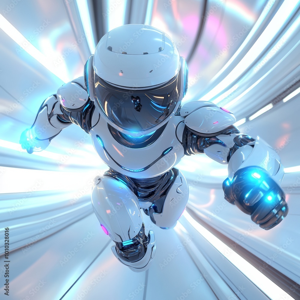 Poster futuristic robot running through neon corridor