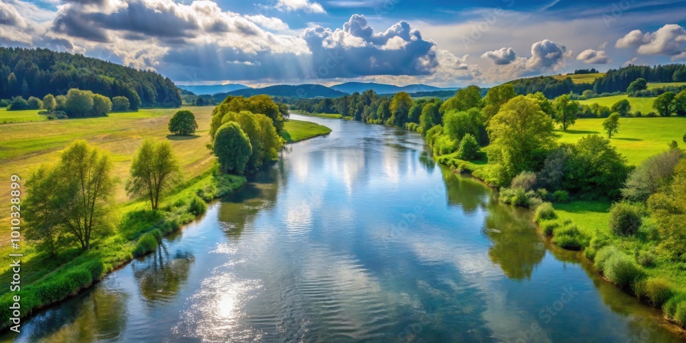 Sticker Scenic view of the Regen river flowing through Bavarian countryside, Regen, tributary, Danube, Bavaria, river, water, nature