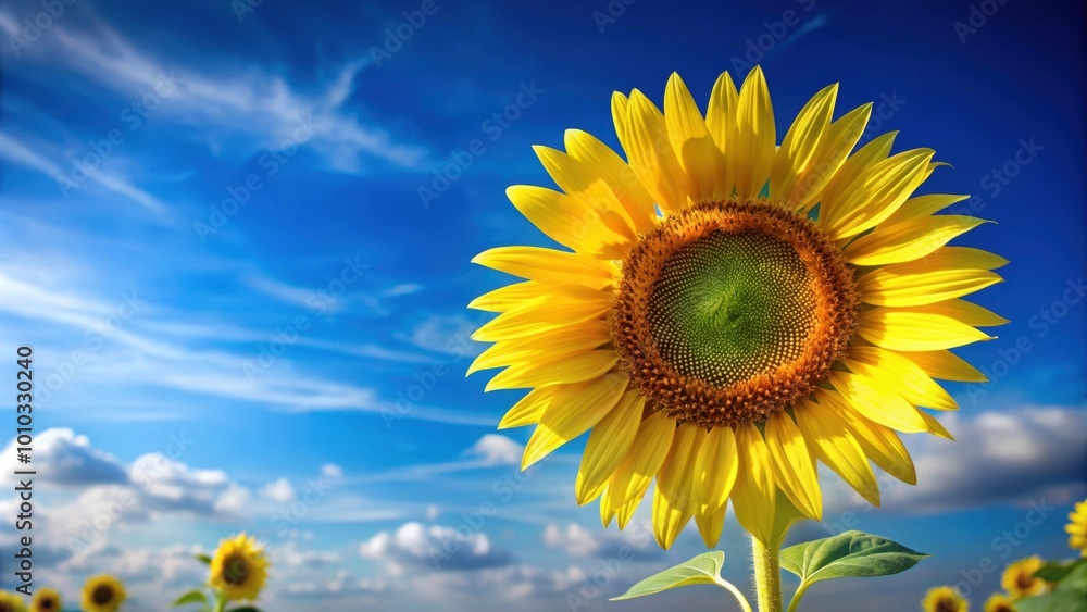 Poster Blossoming sunflower opening against a bright blue sky, sunflower, blooming, nature, growth, yellow petals, radiant, summer, beauty