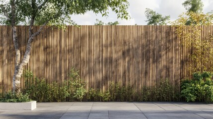 Fototapeta premium A bamboo fence design with tall, straight branches forming a natural and elegant wall, perfect for serene outdoor spaces. Realistic, very detailed