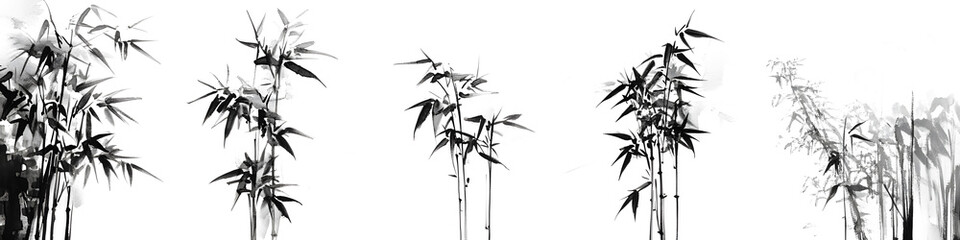 Obraz premium Set of Black and White Bamboo Grove Silhouette on white and transparent background. PNG