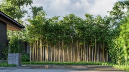 Obraz premium A bamboo tree arrangement forming a fence with vertical branches, providing a serene and eco-friendly outdoor design. Realistic, highly detailed
