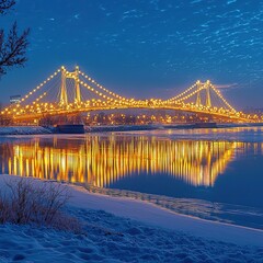 Fototapeta premium Illuminated bridge over a frozen river at dusk.