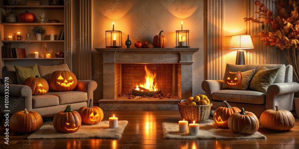 Wall mural Cozy living room with Halloween pumpkins and glowing fireplace, Halloween, decor, living room, pumpkins, fireplace, cozy, warm