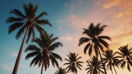 Tranquil beach with palm trees and warm sunset hues, no visible people in the scene