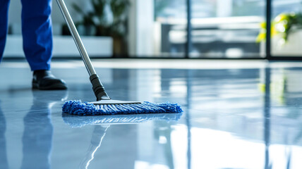 A person cleaning the floor with a mop in an office or hotel.