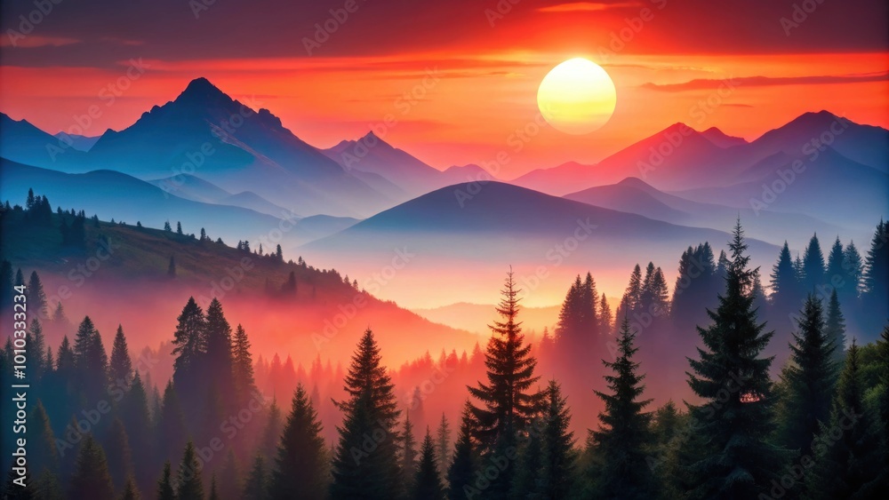 Wall mural Colorful of mountains and trees with a red sun in the background, mountains, trees, colorful,nature, landscape, red sun, sky