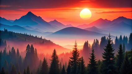 Obraz premium Colorful of mountains and trees with a red sun in the background, mountains, trees, colorful,nature, landscape, red sun, sky