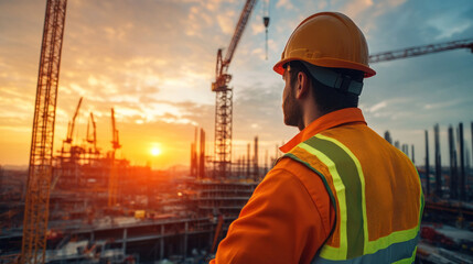 Silhouette of an engineer at an offshore construction site, monitoring crane operations with the sea stretching out behind