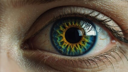 Obraz premium Close-up of eye with dominant blue, yellow, and black iris pattern and no people
