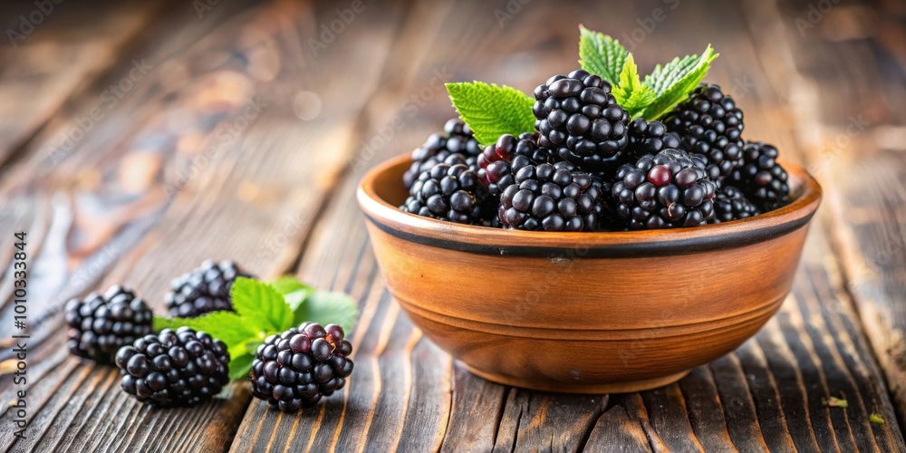 Canvas Prints Close up of fresh blackberries in a ceramic bowl on a wooden table , blackberries, fresh, ceramic bowl, wooden table, close up, healthy