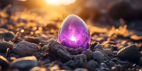 Mystical Glowing Egg on Rocky Terrain at Sunset
