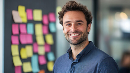 Fototapeta premium A happy businessman stands in front of his team in the office.