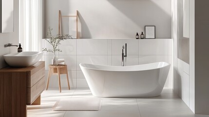 Fototapeta premium Modern Bathroom Interior with White Tub, Wooden Vanity, and White Tile Walls