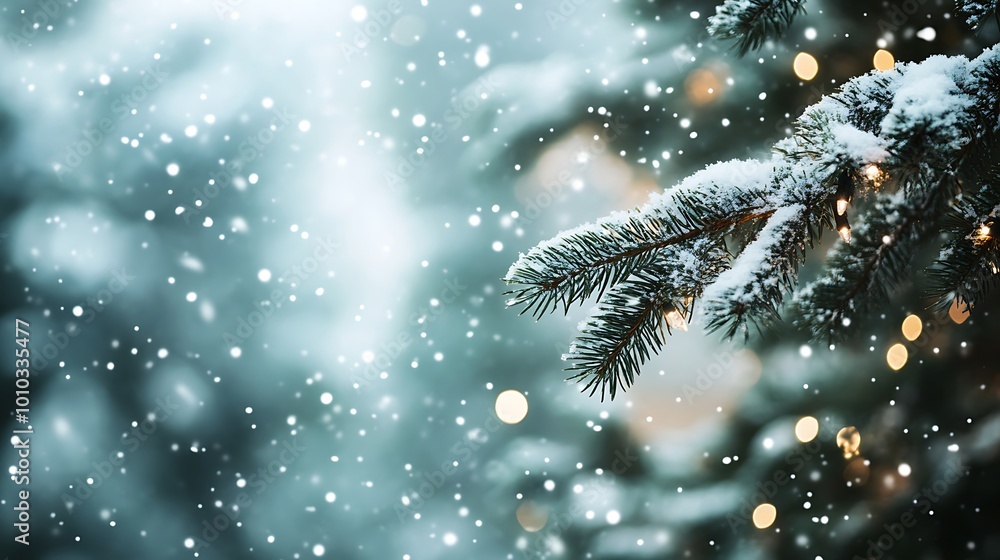 Poster close-up of a snow-covered evergreen branch with bokeh lights in the background.