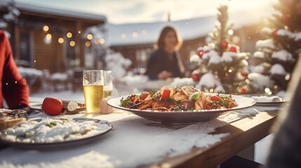 Fototapeta premium Festive Winter Dinner Table with Snow Food and Christmas Tree