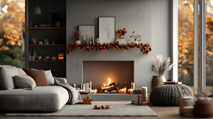Cozy Autumn Inspired Living Room with Fireplace and Warm Lighting