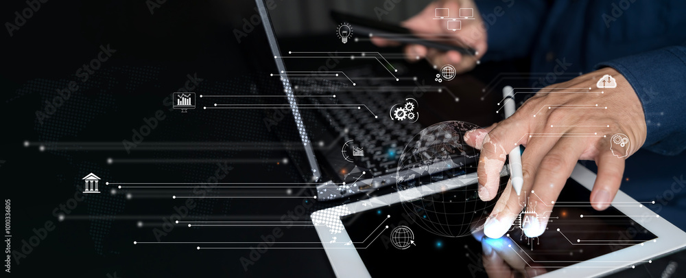 Poster data anlytics, ai and database management technology. it specilist working on digital tablet connect