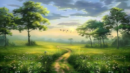 Obraz premium Serene Meadow Path Under a Tranquil Sky
