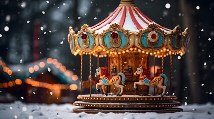 Festive Winter Carousel with Snow and Lights