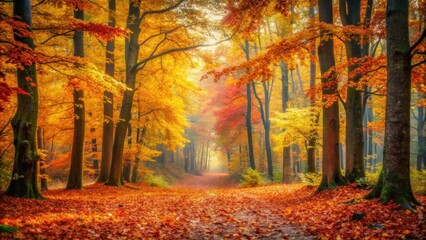 Tranquil autumn forest scene with vibrant foliage and fallen leaves, autumn, forest, foliage, trees, nature, tranquil, peaceful