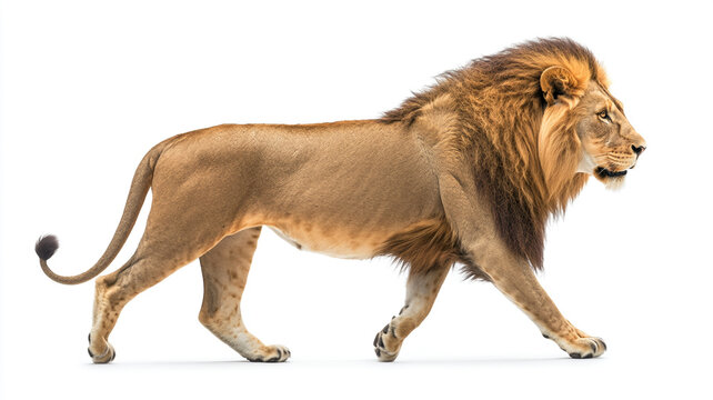 Side view of a lion walking isolated on white background